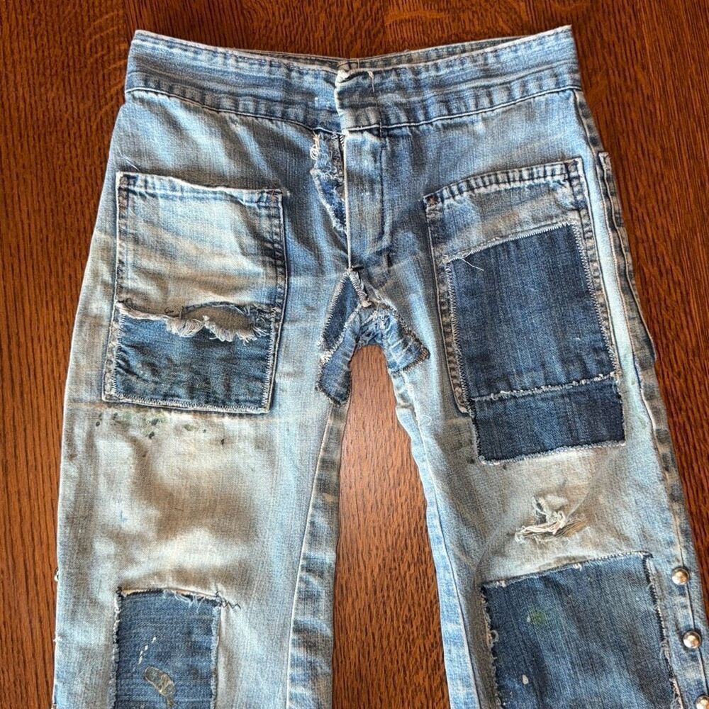 Vintage 1960s Patchwork Flare Jeans 1940s Klik-It Snaps Radio USA 55 Zipper